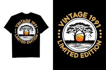 Vintage 1991 Limited Edition T-Shirt – Classic Sunset Tree Silhouette Birthday Gift