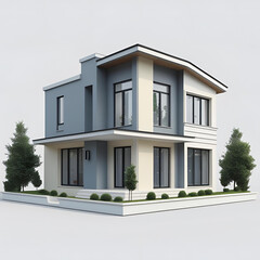 Modern house architecture with a green garden, featuring white facades and blue sky, perfect for luxury residential real estate