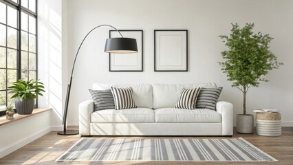 Modern home interior design with sofa lamp and tree decoration
