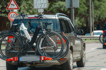 Bicycles secured on a vehicle rack in a busy urban setting during daylight hours