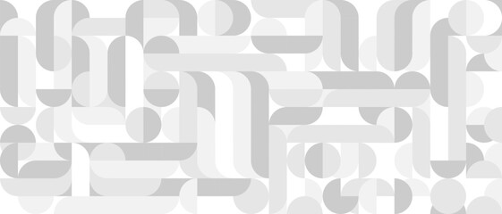 White trendy seamless background of circles and squares in modern Scandinavian style. Cover of gray geometric shapes in retro texture for wallpaper or packaging.