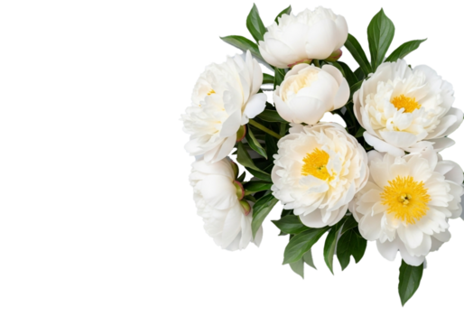 A bouquet of white peonies and greenery is arranged in the upper right corner of the image