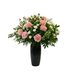 Elegant arrangement of pink carnations and white roses in a black vase