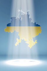 the end of the Russia-Ukraine war, depicting a map of Ukraine in its flag colors, bathed in uplifting light, representing peace and hope for the nation