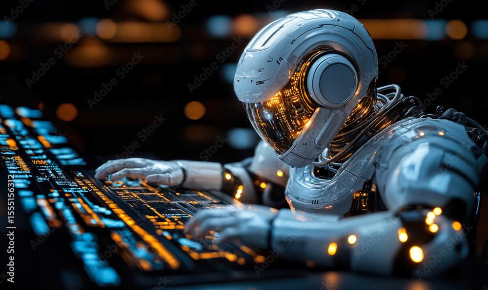 Poster futuristic humanoid robot with illuminated visor typing on glowing high-tech keyboard in dark techno