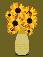 Bouquet of sunflowers in an elegant vase on a green background isolated. Vector