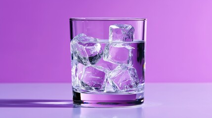 Glass of water with ice cubes on purple background