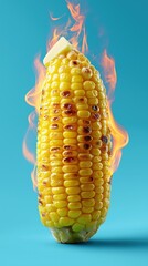 Flaming grilled corn with melting butter against blue background
