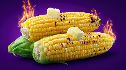 Grilled corn with butter on husk against purple background