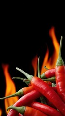 Red chili peppers with flames against black background