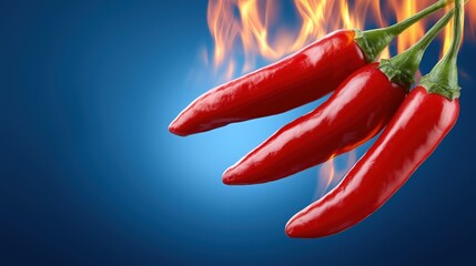 Fiery red chili peppers against blue background with flames