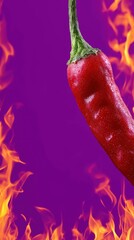 Fiery red chili pepper on vibrant purple background with flames