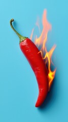 Fiery red chili pepper with flames on blue background