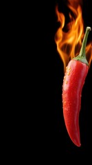 Fiery red chili pepper on black background with flames