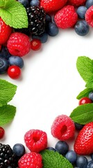 Assorted berries and mint leaves arrangement on white background