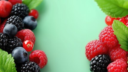 Fresh berries and green leaves on green background