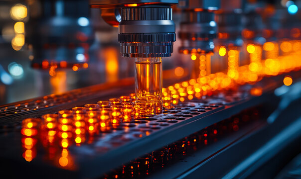 Automated pharmaceutical production line with robotic filling machine dispensing orange liquid into vials in sterile cleanroom environment industrial bioprocess manufacturing technology close-up
