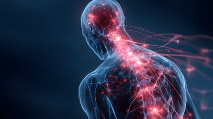 Human body with glowing red pain points on neural pathways illustrating pain or nerve stimulation, set against a dark blue background