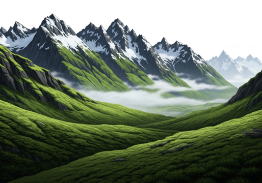 A landscape featuring a mountain range with a lush green valley at its base