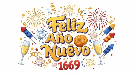 Fototapeta premium Colorful New Year Celebration Illustration with Fireworks Champagne Glasses Confetti and Party Favors