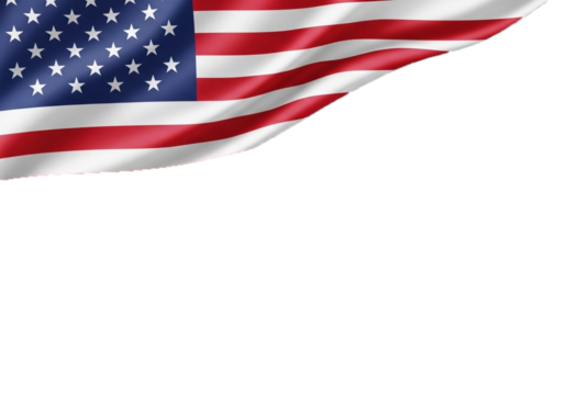 A United States flag, draped and flowing, occupies the upper left quadrant of the image