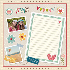 A scrapbook page celebrating friendship with photos decorations and a lined note