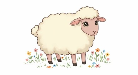 Obraz premium Cute Cartoon Sheep Standing in Colorful Meadow with Flowers