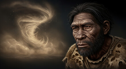 Fototapeta premium Illustration of a neanderthal man with a beard and fur clothing in front of a swirling cloud