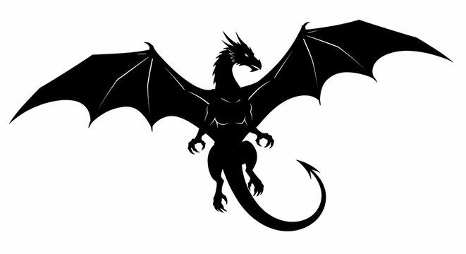Silhouette Dragon Flying in Dark Sky with Outstretched Wings