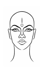 Continous line drawing of a face with a bindi stylized features on background vector