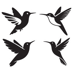 Silhouette humming bird set vector illustration with flying wildlife icons