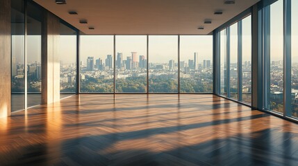 Fototapeta premium Empty modern office space with panoramic city views