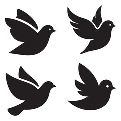 Peaceful Dove and Bird Set Vector Illustration with Flying Silhouettes and Nature Symbols