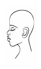 Continous line drawing of a woman's face in profile with closed eyes a bald head