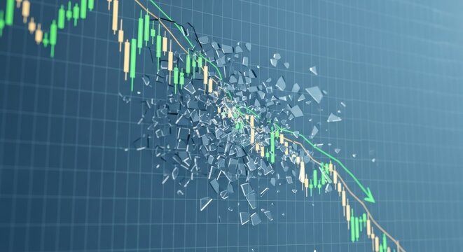 Stock market chart breaking into shards on a blue grid background view - Powered by Adobe