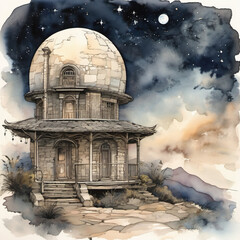 Vapor Cottage Styled Celestial Observatory in Ink Wash Painting