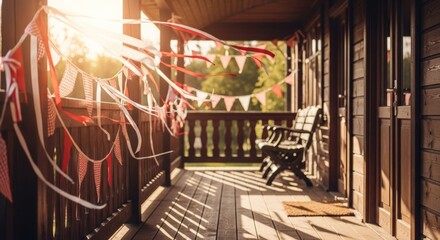 Obraz premium Decorated porch with bunting and ribbons with sunlight shining through it