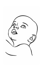 Continous line drawing of a baby's face looking upwards with open mouth on background