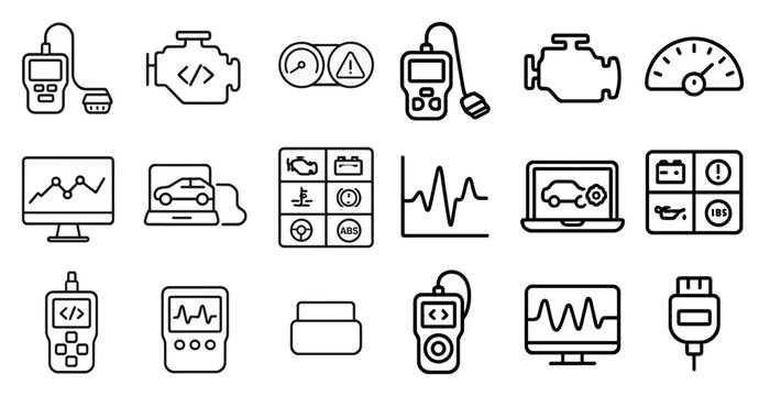 Collection of car repair tools and equipment. The tools include a tire pressure gauge, a battery charger, and a diagnostic scanner. Concept of technical expertise and precision
