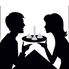 Silhouette of Loving Couple Enjoying Candlelit Dessert Moment
