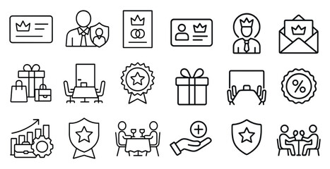 Set of icons for various business and personal situations. The icons include a man in a suit holding a card, a man in a suit holding a gift, a man in a suit holding a letter