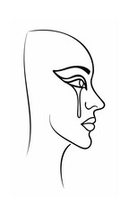 Continous line drawing of a crying face profile with a teardrop on a background sadness