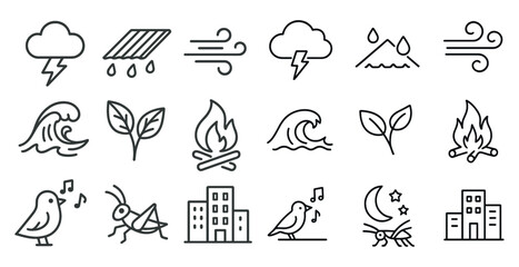 Series of weather icons including rain, wind, lightning, and fire. The icons are drawn in a simple, stylized way