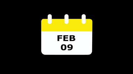 09 February calendar icon animation. Luma matte with black background 4K resolution 09 February icon isolated on black background. HD Video motion graphic animation