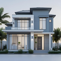Modern architectural house exterior with balconies, palm trees, and large windows