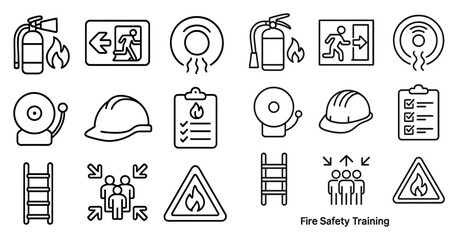 Collection of fire safety training icons and symbols. The icons include a fire hydrant, a fire extinguisher, a fire alarm, a ladder, and a person wearing a hard hat. Scene is serious and informative