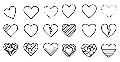 Series of hearts, some of which are broken, are displayed in a row. The broken hearts are positioned in the middle of the collection, while the whole hearts are on either side