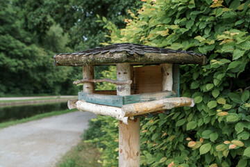 Birdhouse crafted from natural materials stands in a serene park by a tranquil pathway surrounded...