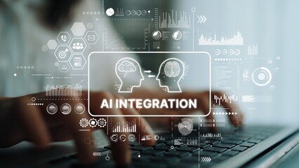 Futuristic AI Integration Concept with Human and Machine Intelligence Interaction in a Digital...