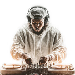 A male dj wearing headphones mixes music on a turntable isolated on transparent background